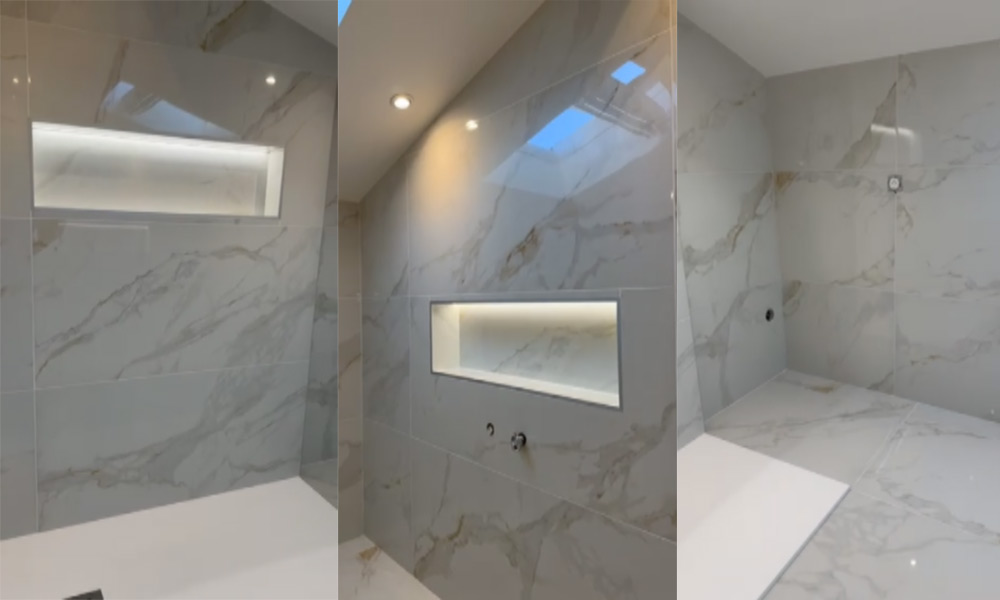 Travaux en cours : rénovation d'une salle de bain en marbre blanc avec douche à l’italienne à Lyon